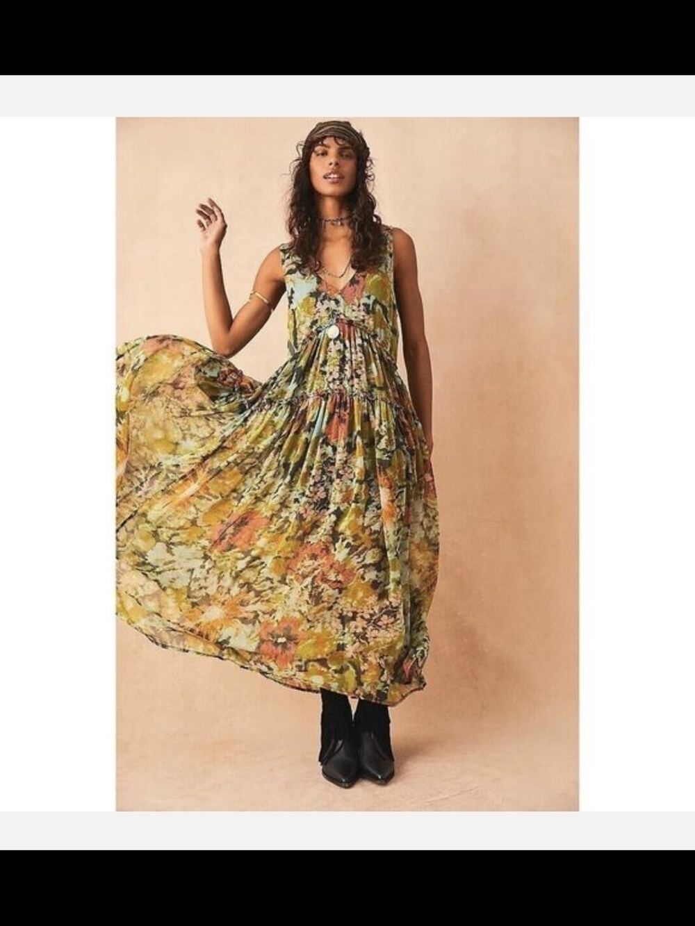 🪷 Free People Maxi Dress Sz M Julianna Green Floral - Picture 3 of 10